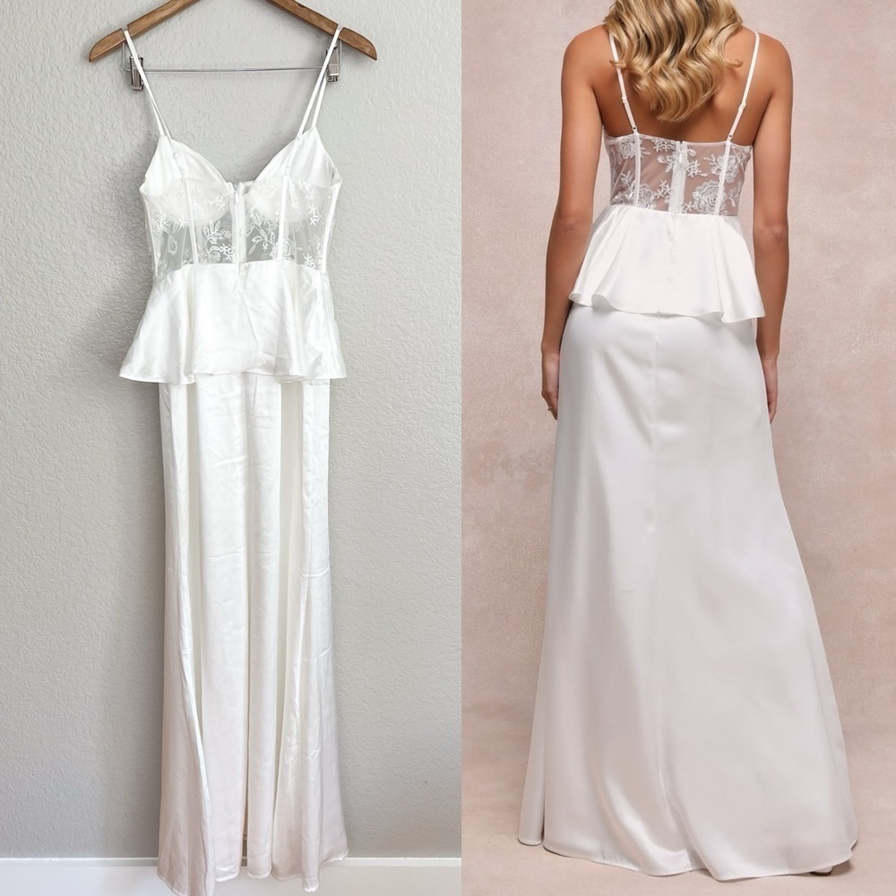 Iconic Adoration White Satin Peplum Sheer Bustier Maxi Dress - Picture 3 of 12